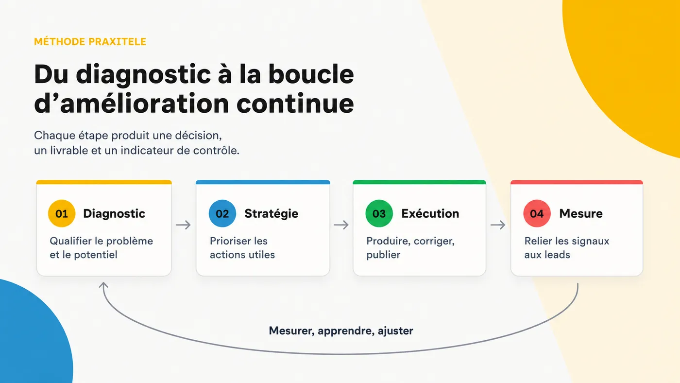 Schéma de la méthode Praxitele allant du diagnostic à la stratégie, à l’exécution puis au suivi