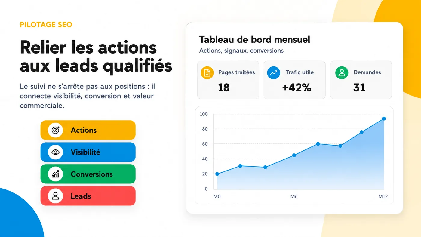 Tableau de pilotage reliant les actions SEO aux impressions, aux conversions et aux leads qualifiés