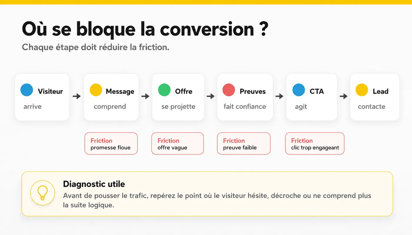 Schéma du parcours visiteur vers lead avec les frictions possibles : message, offre, preuves et CTA