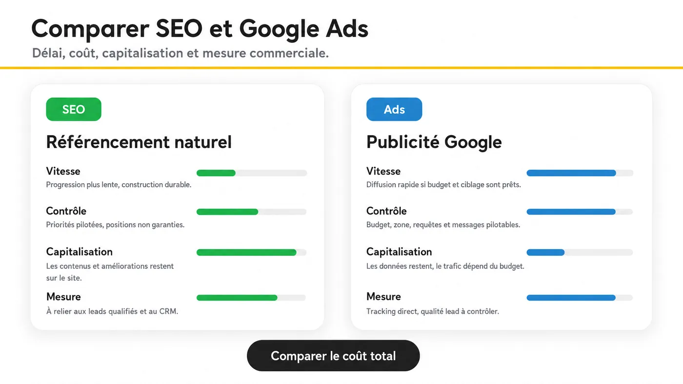 Matrice comparant la vitesse, le contrôle, l’effet cumulatif et la mesure du SEO et de Google Ads