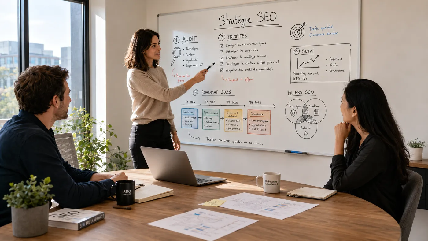 Réunion de stratégie SEO autour d’une roadmap, de priorités et d’indicateurs de suivi